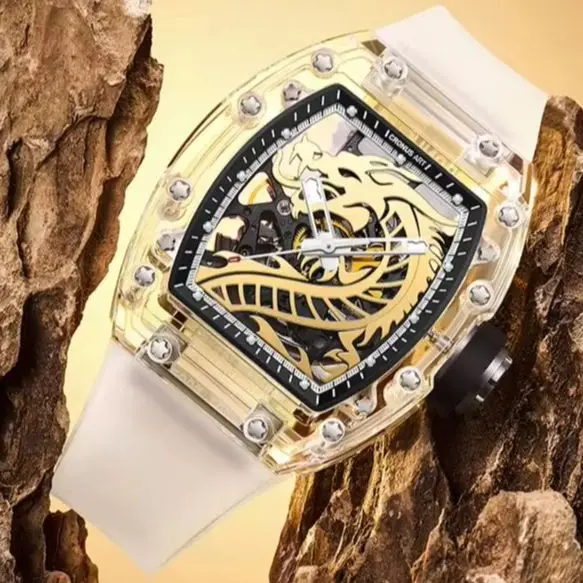 CRONUSART Men Automatic Watch 50mm Tonneau Mechanical Wristwatch Sapphire Case Mirror Luminous Skeleton Dragon Dial FKM Strap