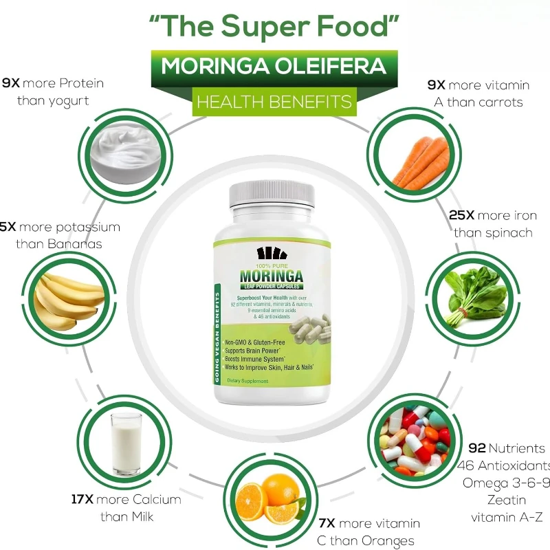 Pure Moringa Leaf Extract Vegetable Capsules 1000mg. Natural Herbal Supplements. Energy Support