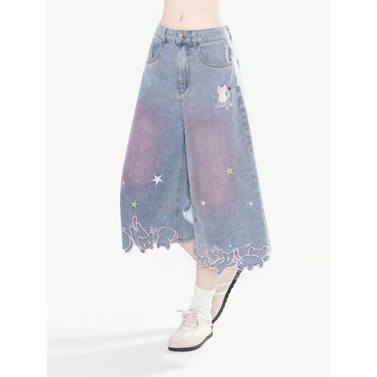 Y2K Retro American Black Star Cat Embroidered Splicing Jeans For Women Wide Leg Cropped Pants High Waist Denim Casual Streatwear