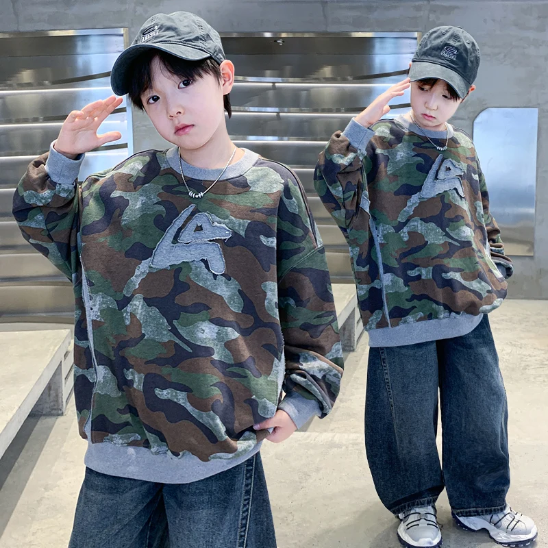 

Children New High Street Hip Hop Camo Hoodies Kids y2k Retro Camouflage Pattern Pullover Sweatshirts For Boys Autumn Streetwear