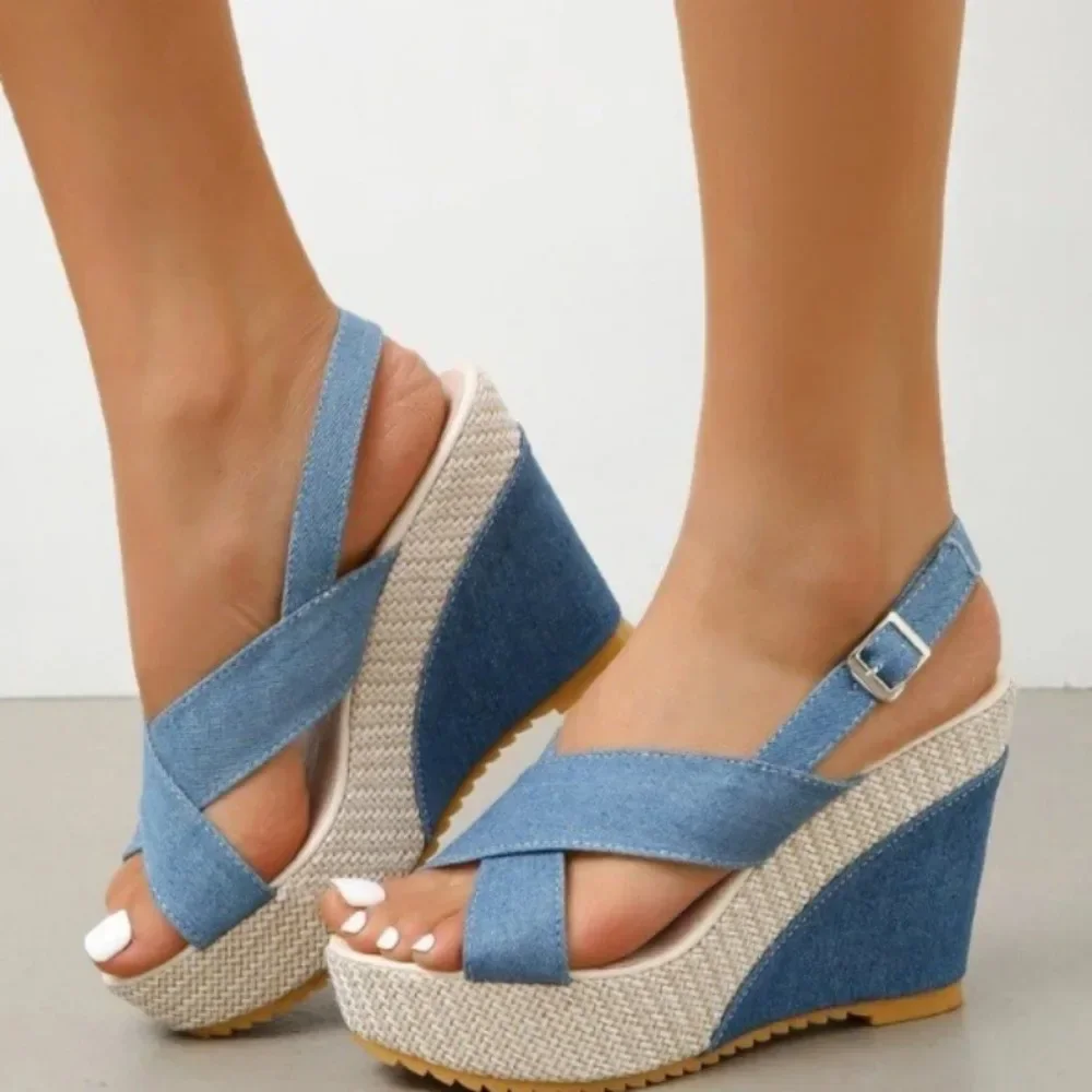 

Pop Women Ankle Buckle Wedges Sandals For Women Summer Denim Sandal Comfortable Thick Sole Sandalias Mujer