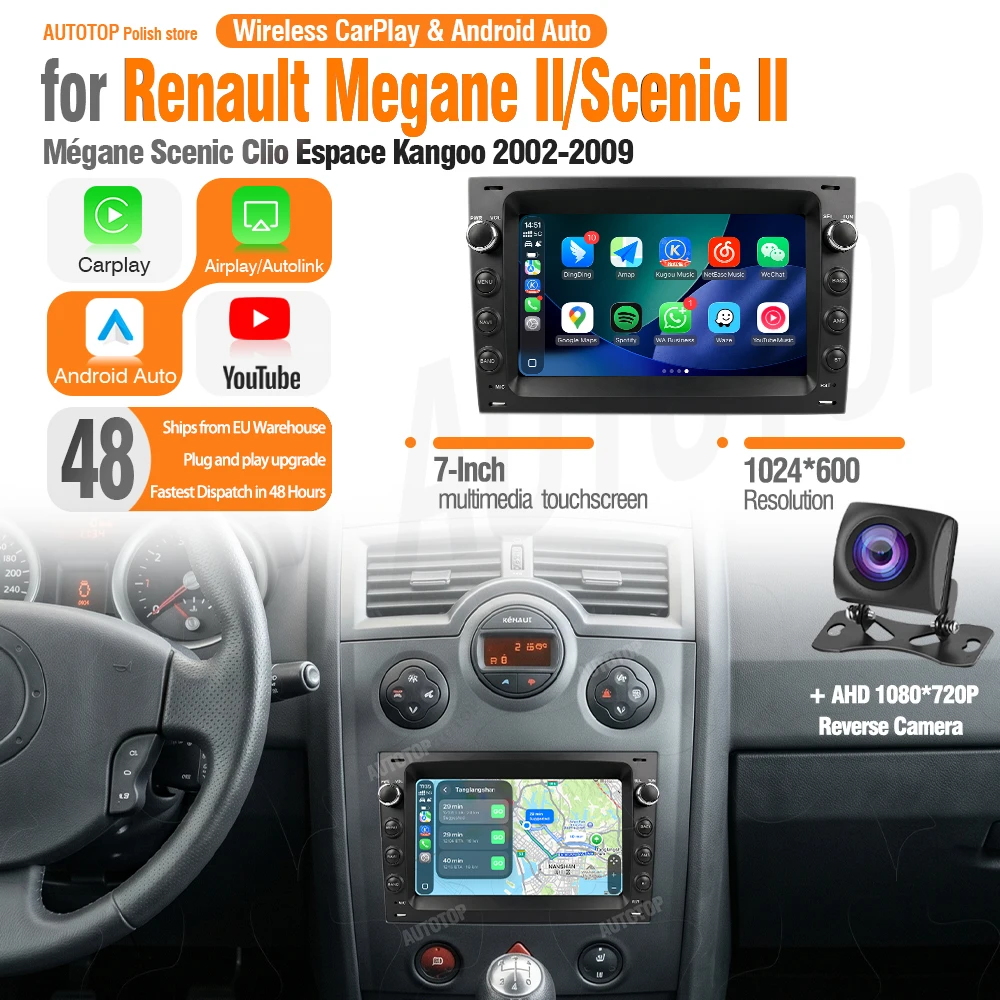 AUTOTOP Radio Stéréo CarPlay YouTube 7 pouces pour RENAULT, MEGANE SCENIC II 2003-2009, Système Linux, Écran Multimédia pour Voiture avec DSP Audio RDS, Android Auto Sans Fil, Navigation en Ligne, Musique, Siri, Assistant Google, Compatible avec le Style d'Origine et la Caméra Arrière.