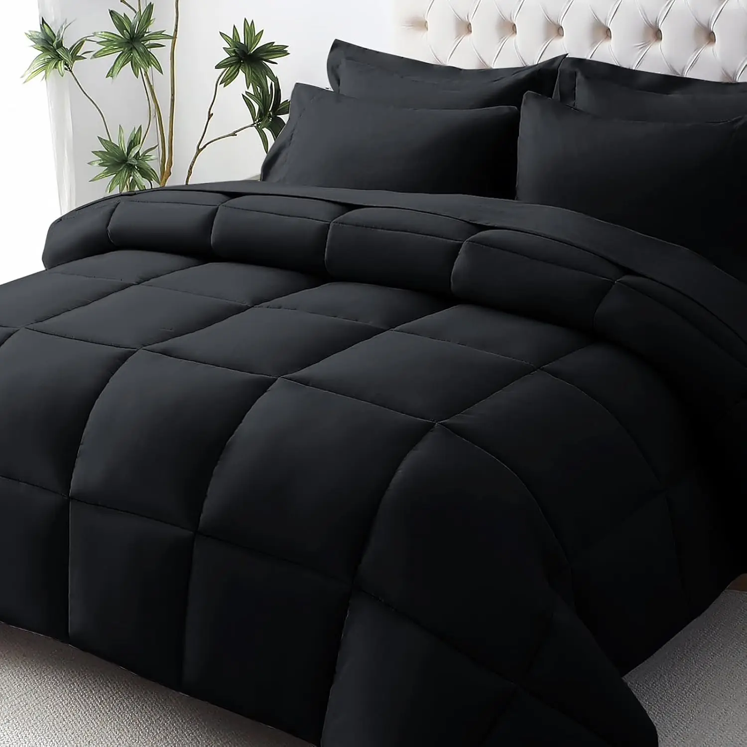 

California King Comforter Set, Ultra-Soft Bed in a Bag 7 Pieces, Oeko-TEX Certified Down Alternative Bedding in Black