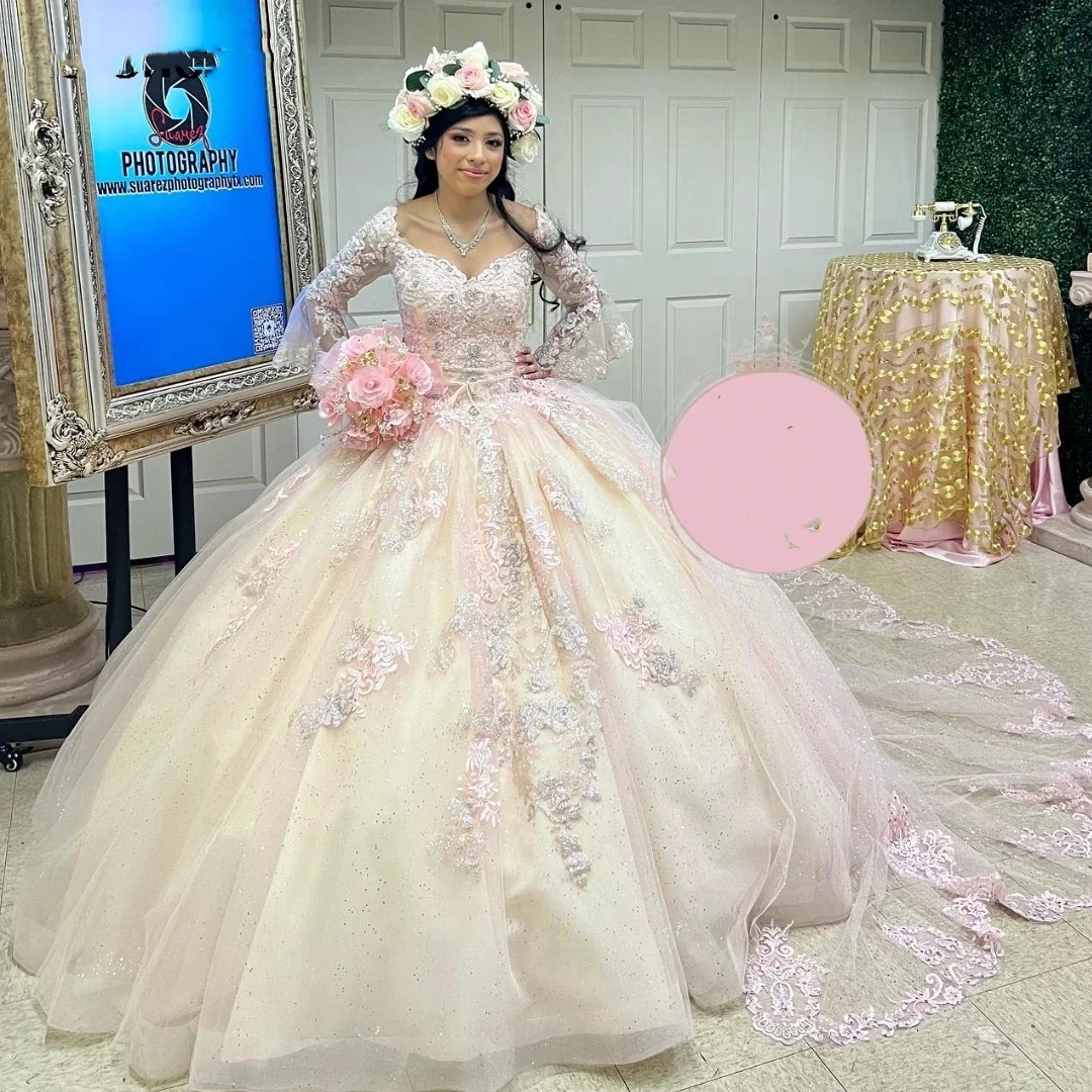 Angelsbridep Light Pink Ball Gown Quinceanera Dresses Vestidos 15 Años Quinceañera With Long Sleeves Appliques Party Gown