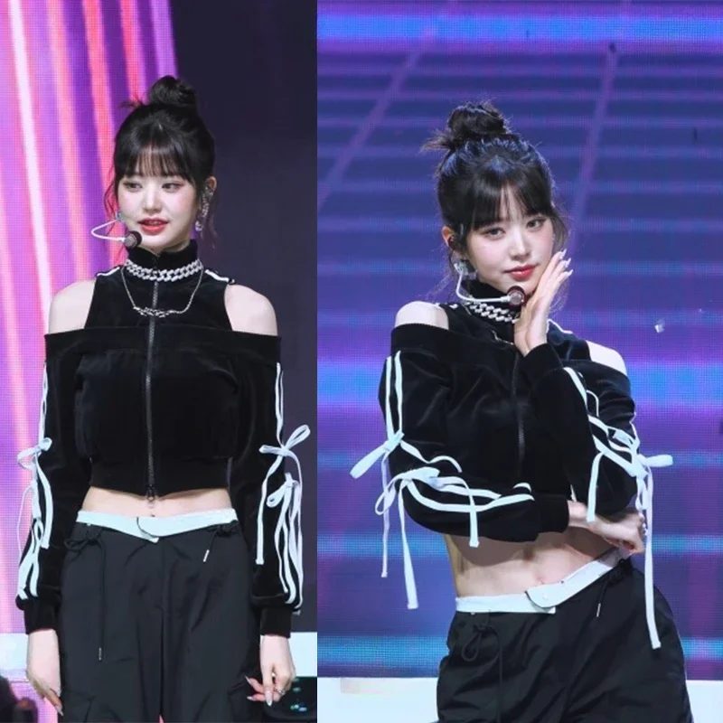 Kpop Korean Singer Fashion Jazz Dance Clothes Women Black Sexy Off-Shoulder Velvet Jacket Hip Hop Outfits Stage Performance Wear