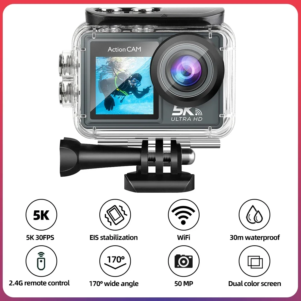 5K Action Camera 4K 60FPS Dual IPS Touch LCD EIS Anti-shake WiFi  30M Waterproof 5X Zoom Sport Camera With Remote Control