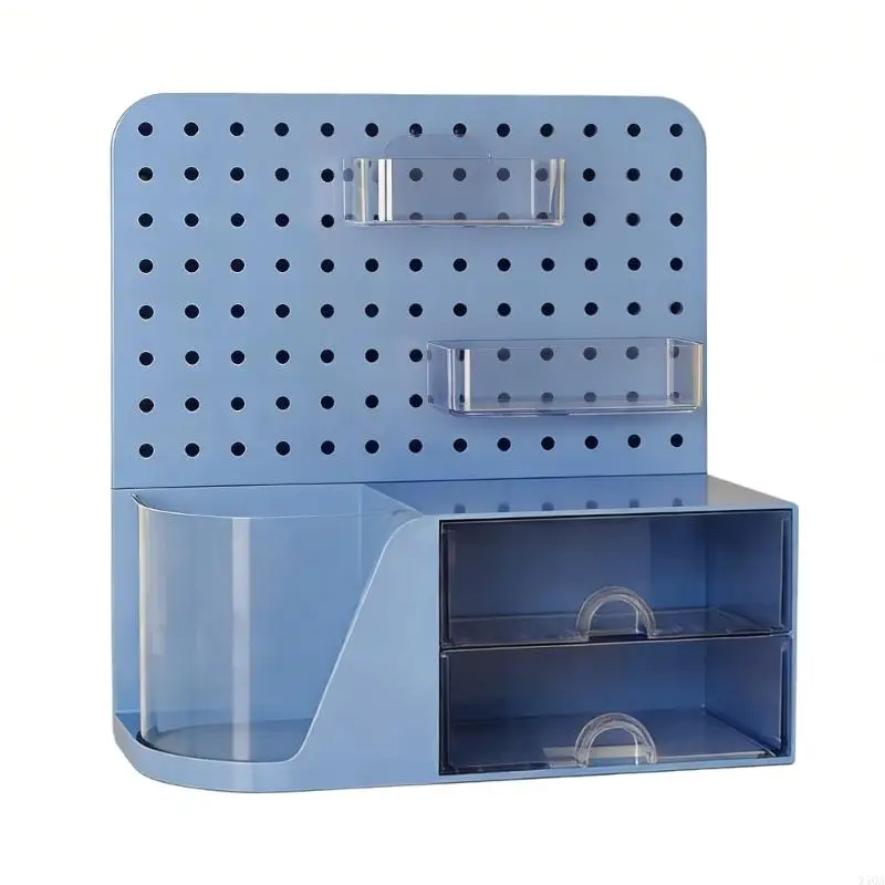 Multi-Sections Desk Organiser With Adjustable Pegboard Drawers Rotating Pen Cup 