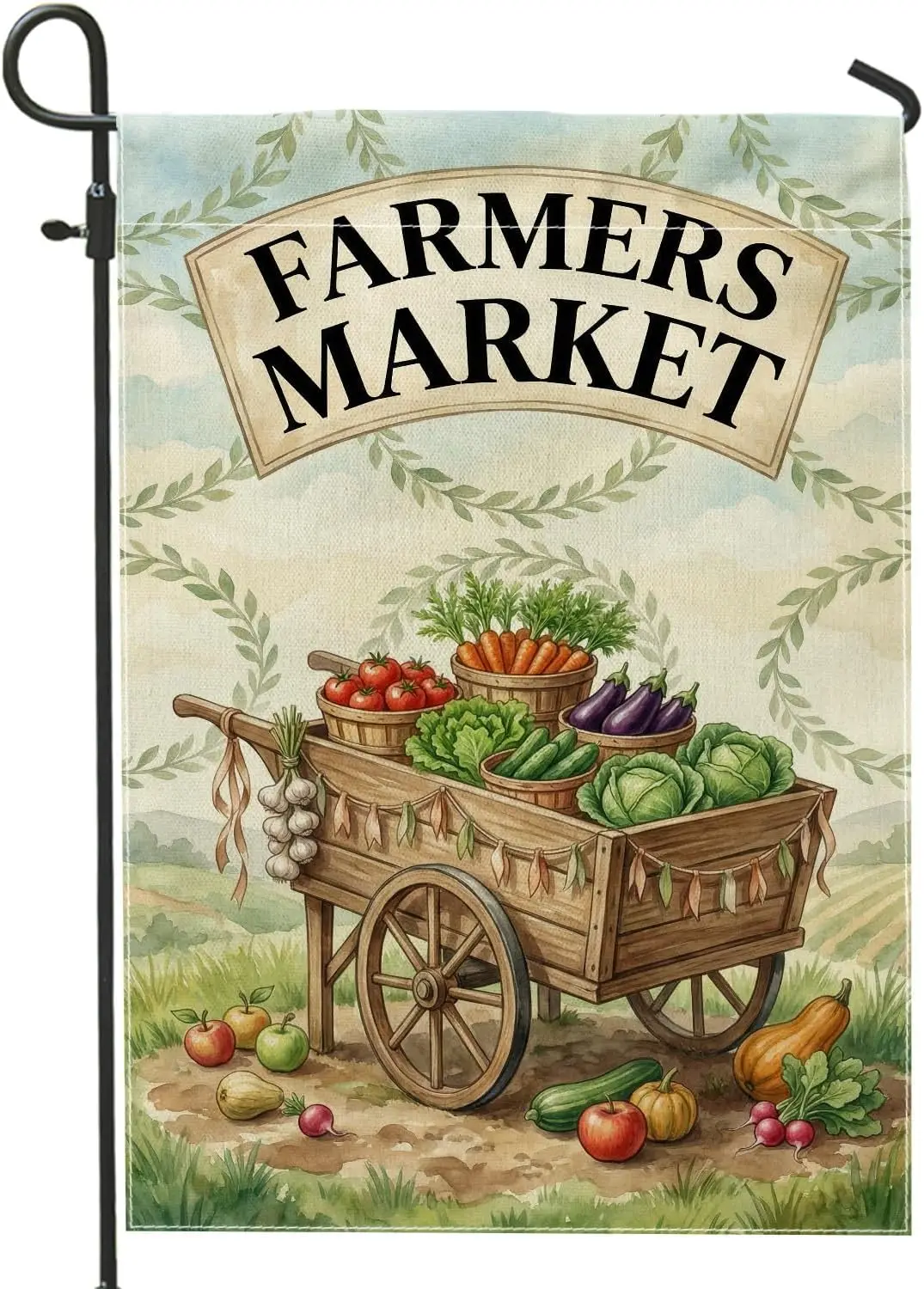 Vegetable Garden Flag, Farmhouse Rustic Cart Garlic Summer Green Double Sided Burlap Decorative Outside Flags for Outdoor Fr IIC