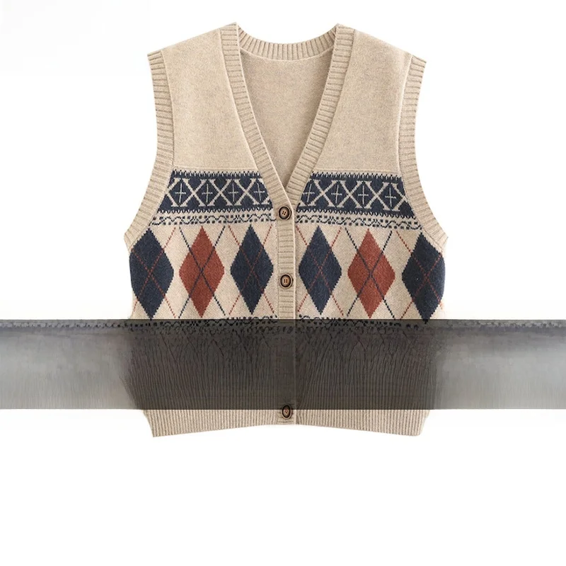 

Spring Autumn 2025 New Women's Loose Knitted V-ne Cardigan Diamond Pattern Ladies Vest Top Button Abstract Commute Sle