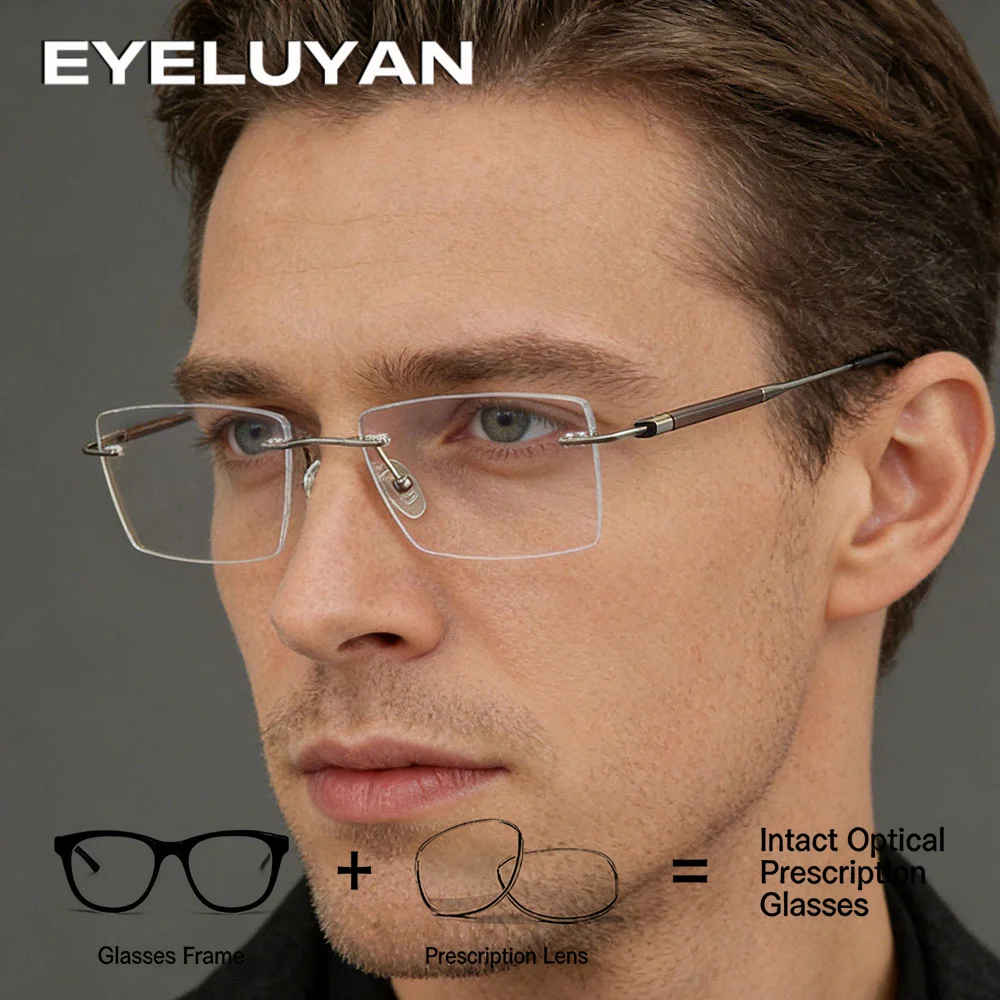 Men Rimless Eyeglasses MR-8 Lens Titanium & Wood Frame Ultra Light Comfortable Business Square Optical Prescription Glasses