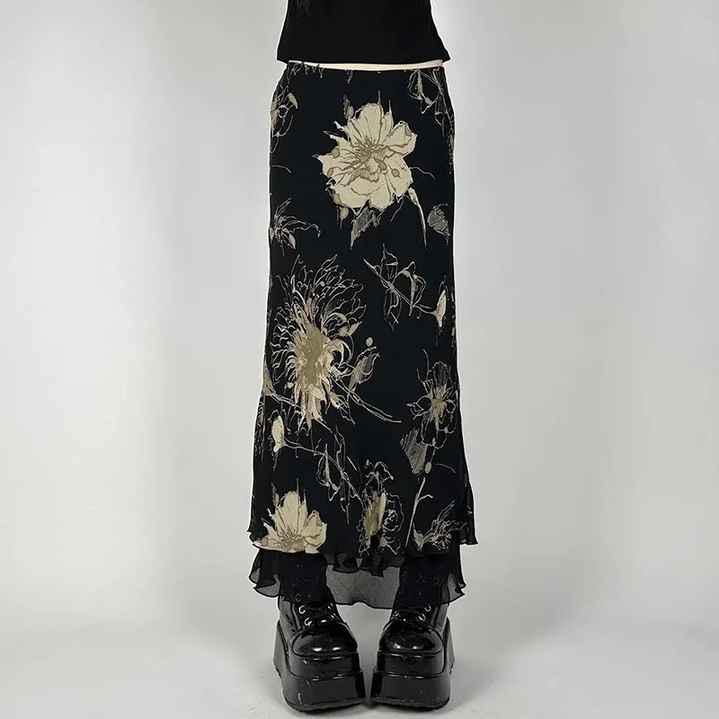 Nice Goth Dark Y2K Aestheics Double Layer Mesh A-line Skirt Women Fashion Florals Print Slim Skirts Fairy Streetwear Gothic Bott