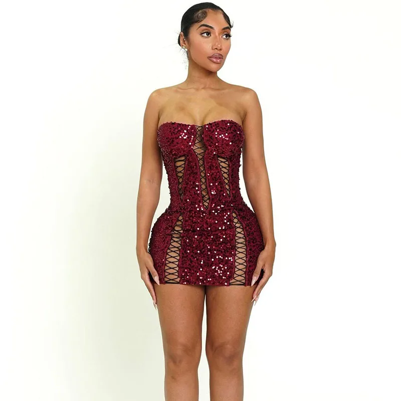Doyerl Glitter Sequin Dress Woman Birthday Rave Strapless Lace-up Hollow Out Night Club Party Bandage Bodycon Mini Dress Vestido