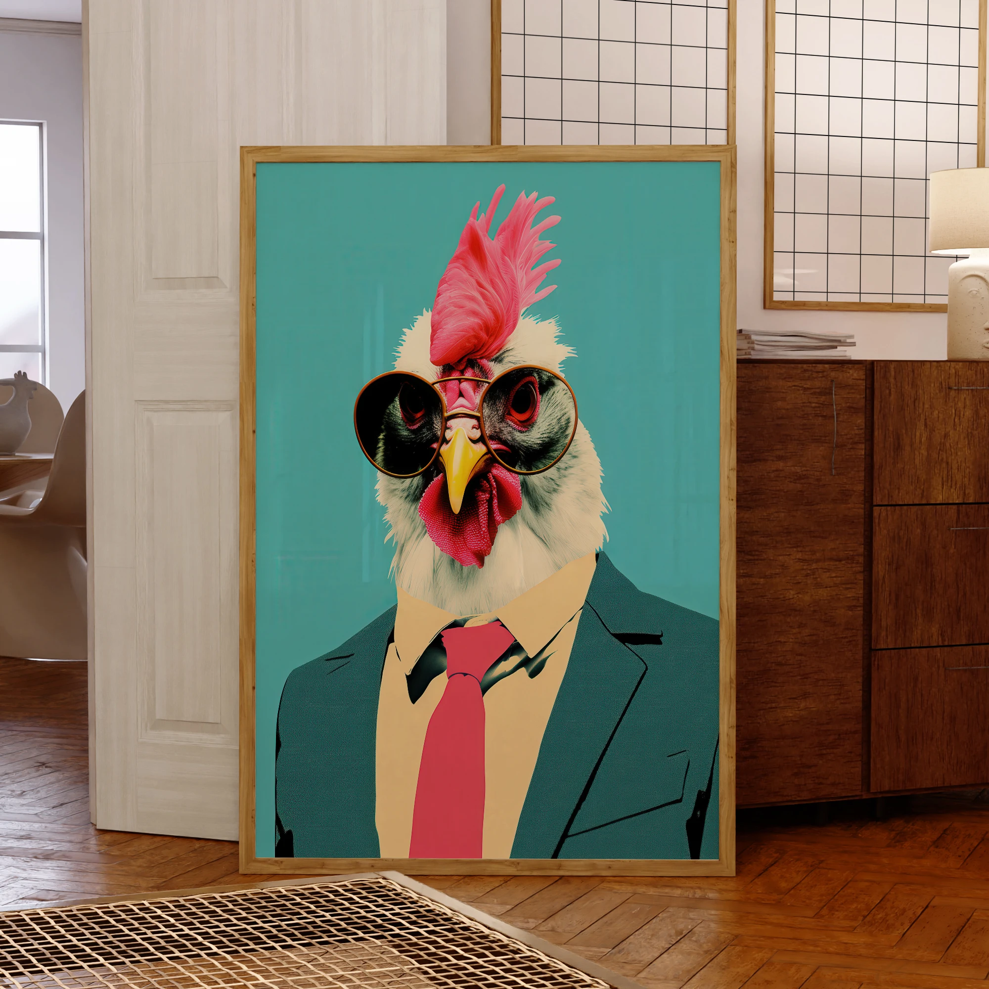 Modern Blue Funny Chicken In Suit Dancing Cool Animal Wall Art Prints Canvas Painting Poster Picture Living Room Home Decor