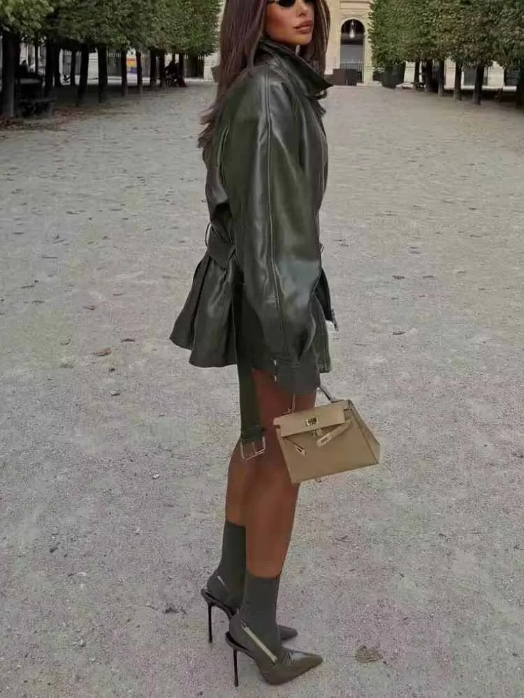 유럽 및 미국 스타일 여성 겨울 신상 패션 다용도 그린 가죽 재킷 (신축성 있는 허리밴드 포함)