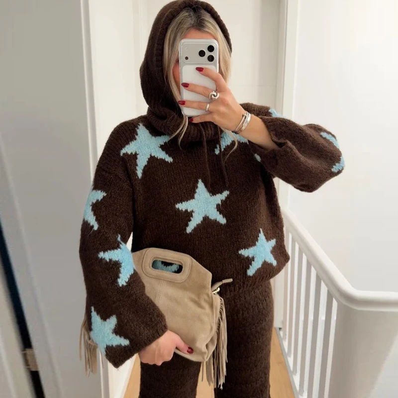 Women Pattern Star Print Jacquard Knit Sweater Turtleneck Drawstring Long Sleeve Cropped Pullover Vintage Soft Fuzzy Knitted Top