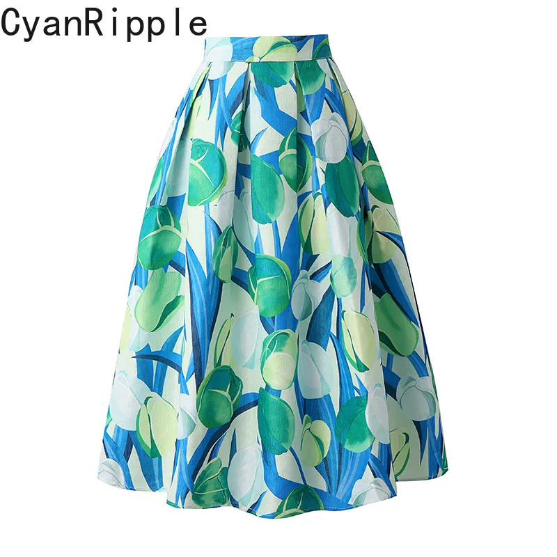 

High Quality New Spring Summer Jacquard Printing Women A-line Skirt All-match High Waist Elegant Mid-length Casual Puff Skirts