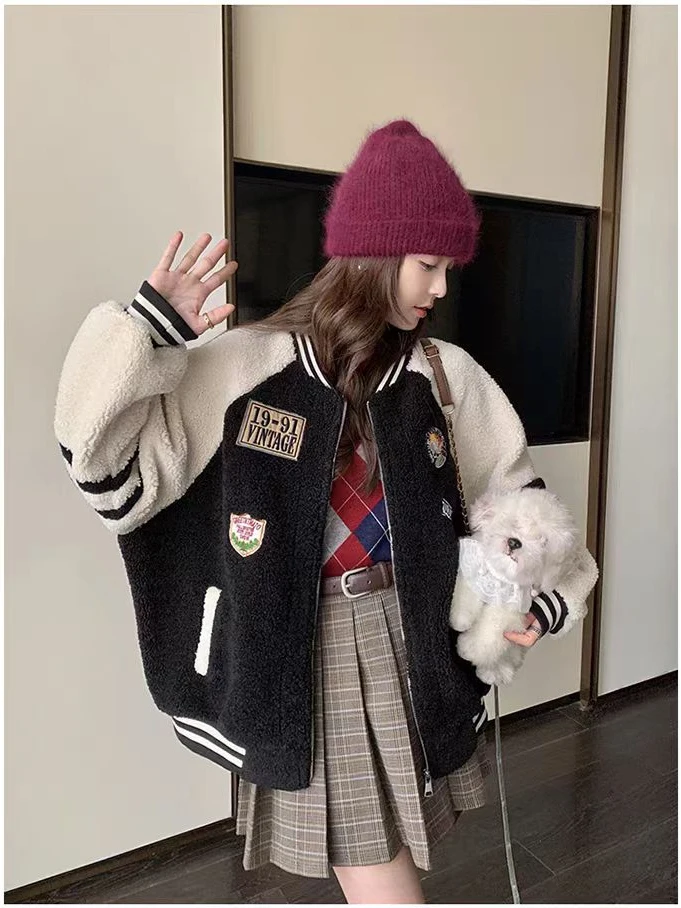 معطف نسائي من فراء الخروف من Thiened معطف بيسبول دافئ النسخة الكورية مجموعة الخريف المرقعة ملابس خارجية #1