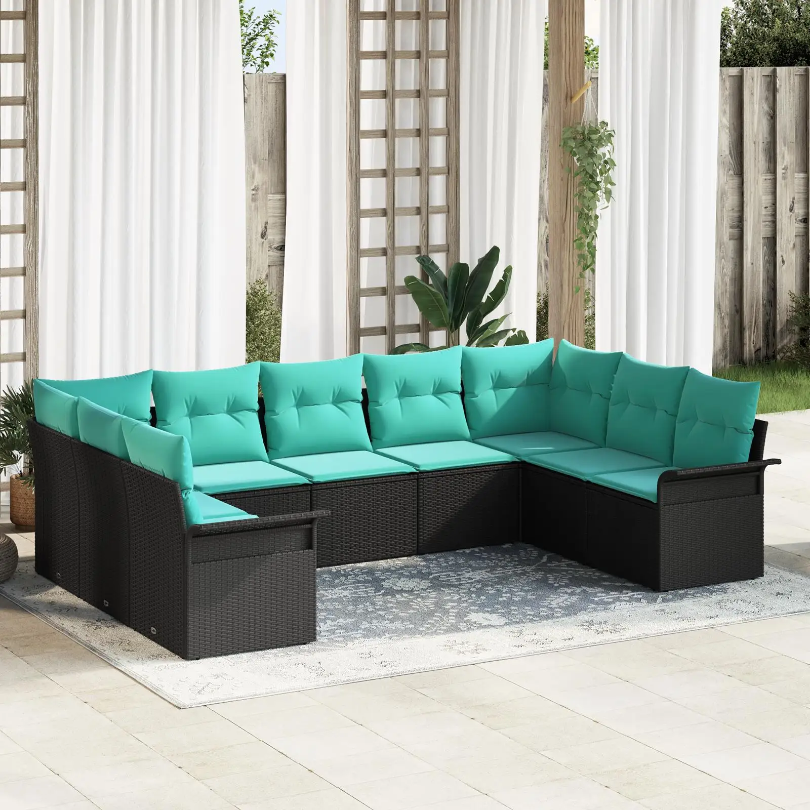 

9 Piece Outdoor Rattan Sofa Set with Cushions Comfortable Patio Furniture Black Color