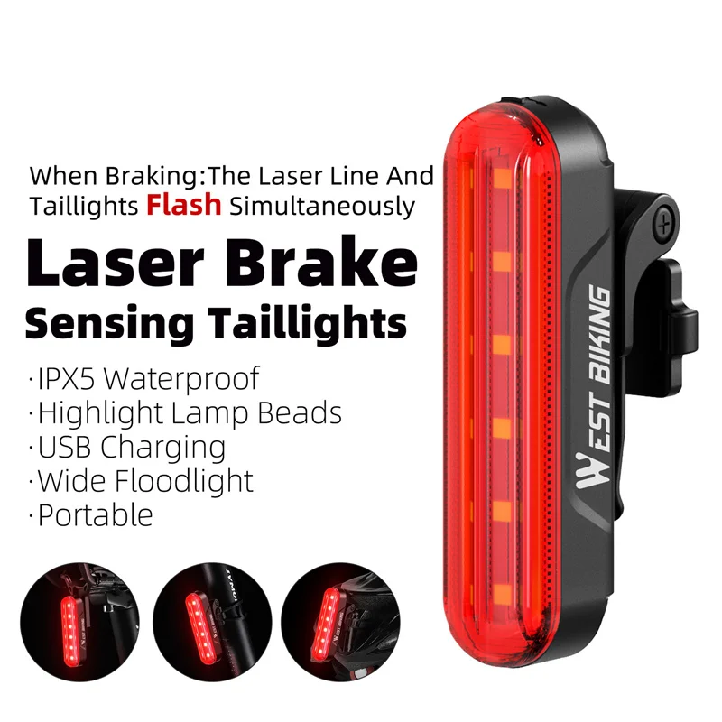 Laser Bike Light Smart Sensor Brake Taillight Rear Safety Warning Bicycle Light USB Rechargeable Waterproof Helmet Cycling Light