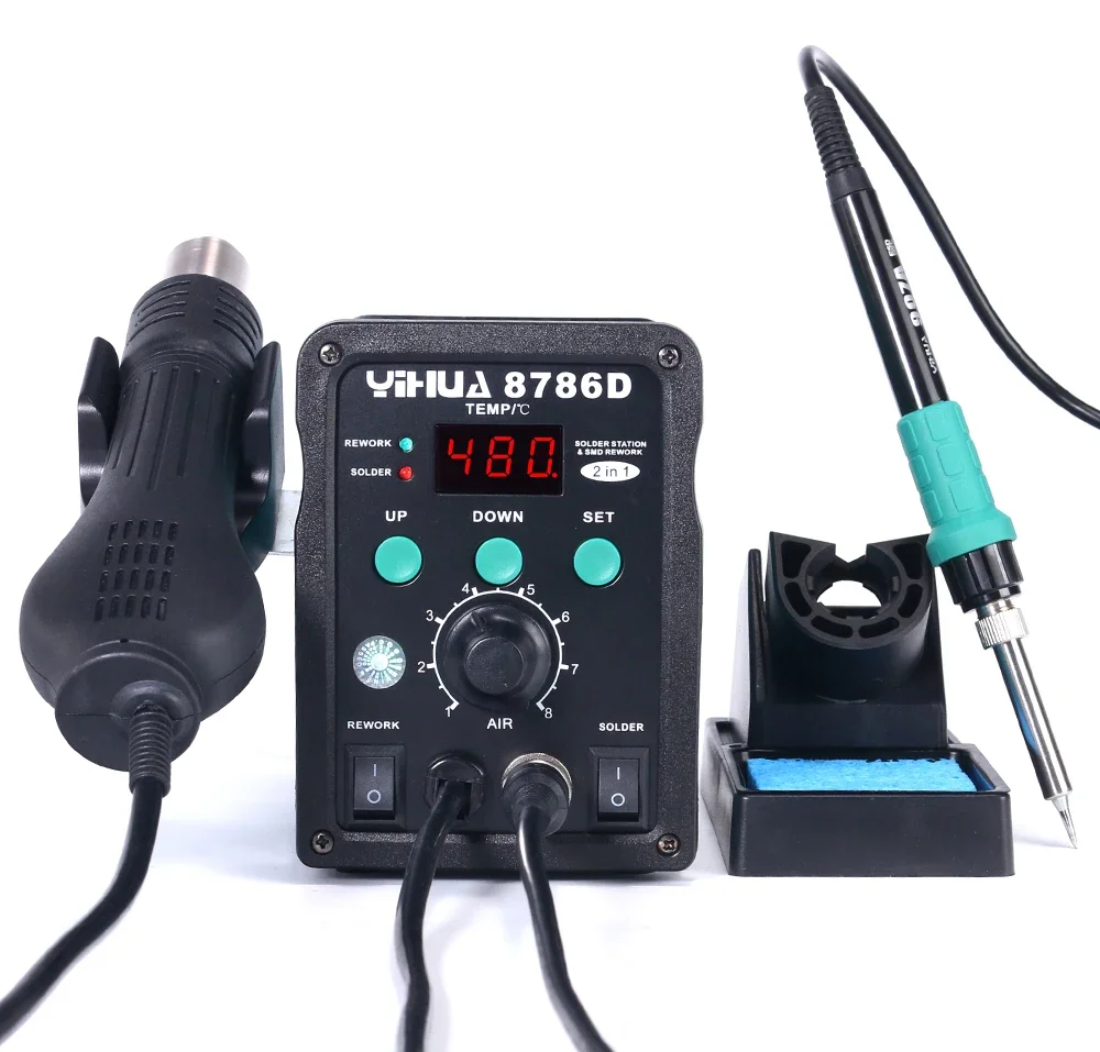 YIHUA 8786D 110V 220V Hot Air Soldering Station Soldering Iron Station Double Panel Circuit LED Rework Station
