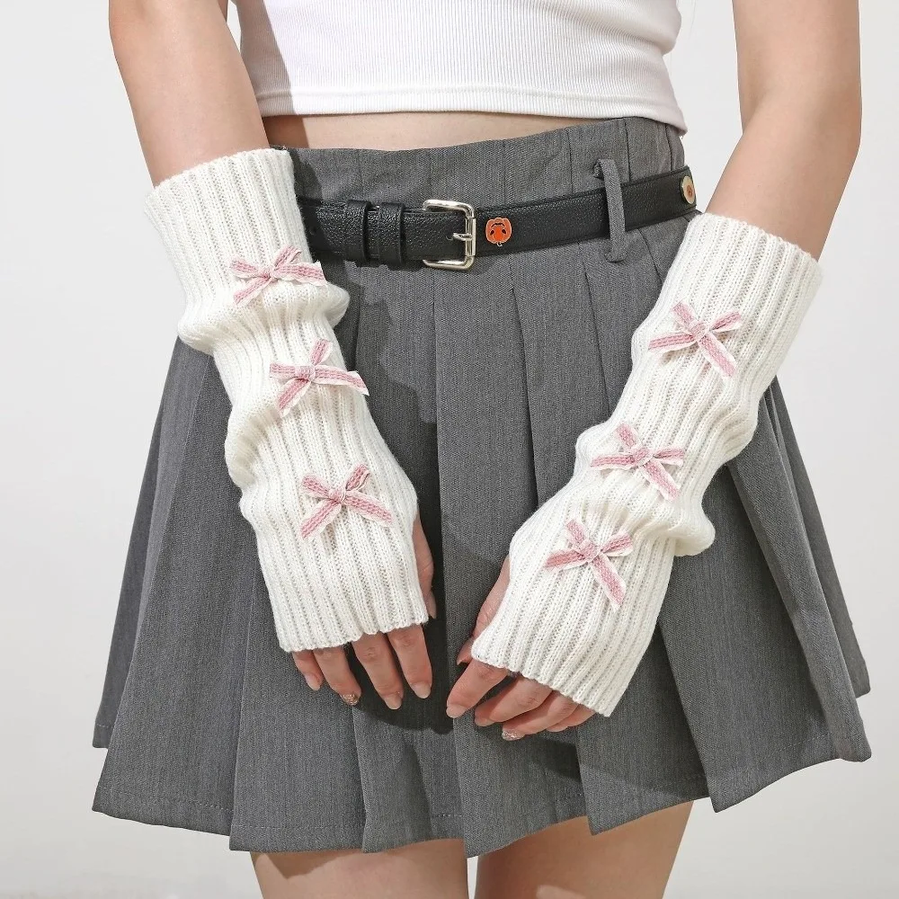 Fashion Y2K Bow Fingerless Gloves Thicken Cute Bowknot Hands Free Gloves Long Knit Arm Warmers Winter