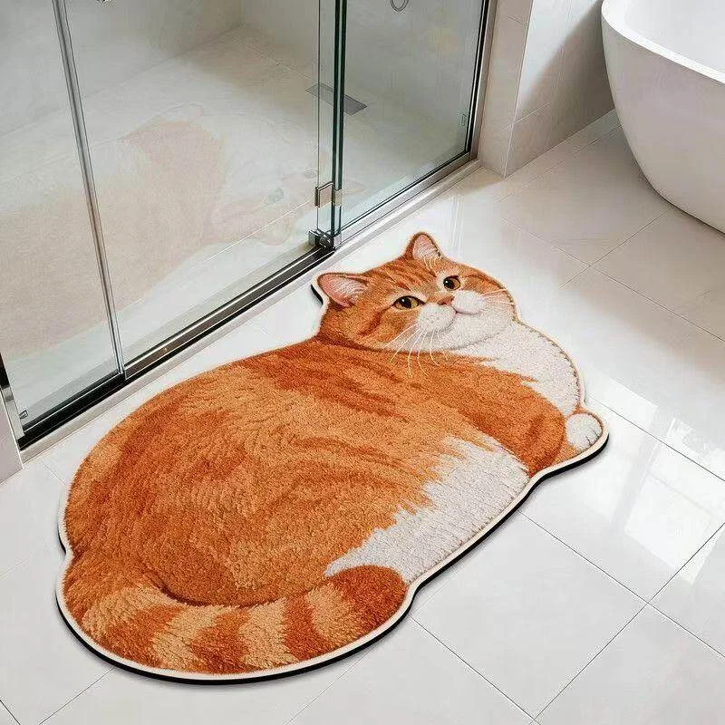 VIKAMA Cute Tabby Cat Irregular Bathroom Doormat Non Slip Water Absorbing Cartoon Animal Entry Floor Mat Home Decor
