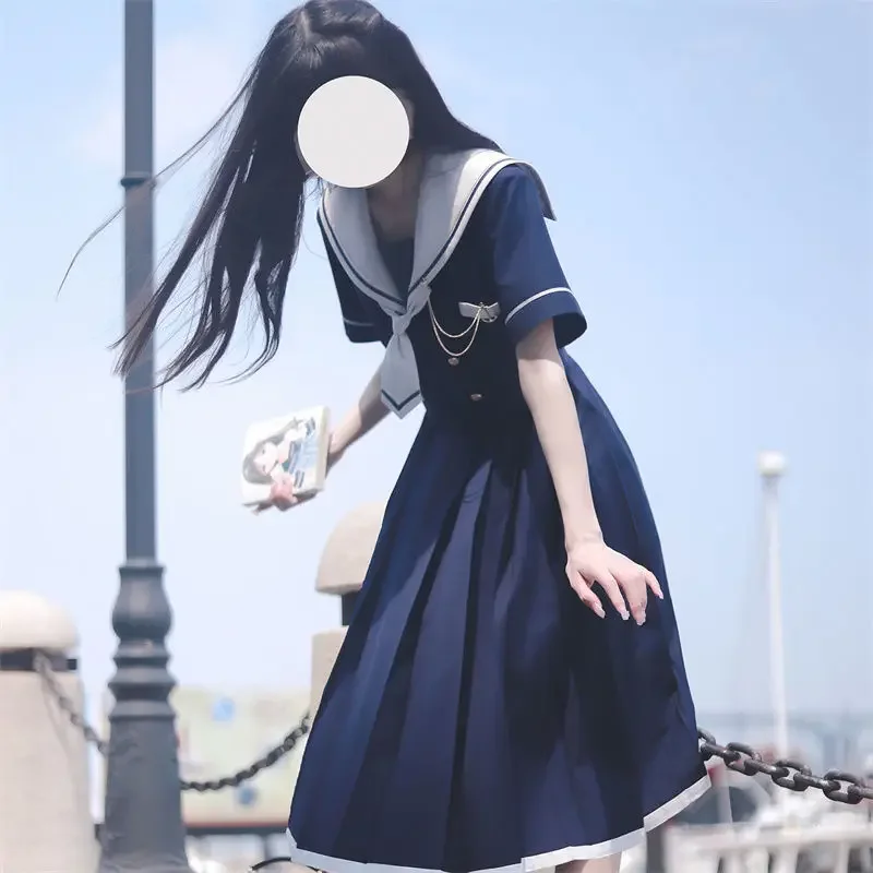 Japoński styl Preppy Lolita Sailor Suit Y2k Gothic Kawaii Vintage Letnia sukienka midi z krótkim rękawem Preppy Dress Women JK Girls