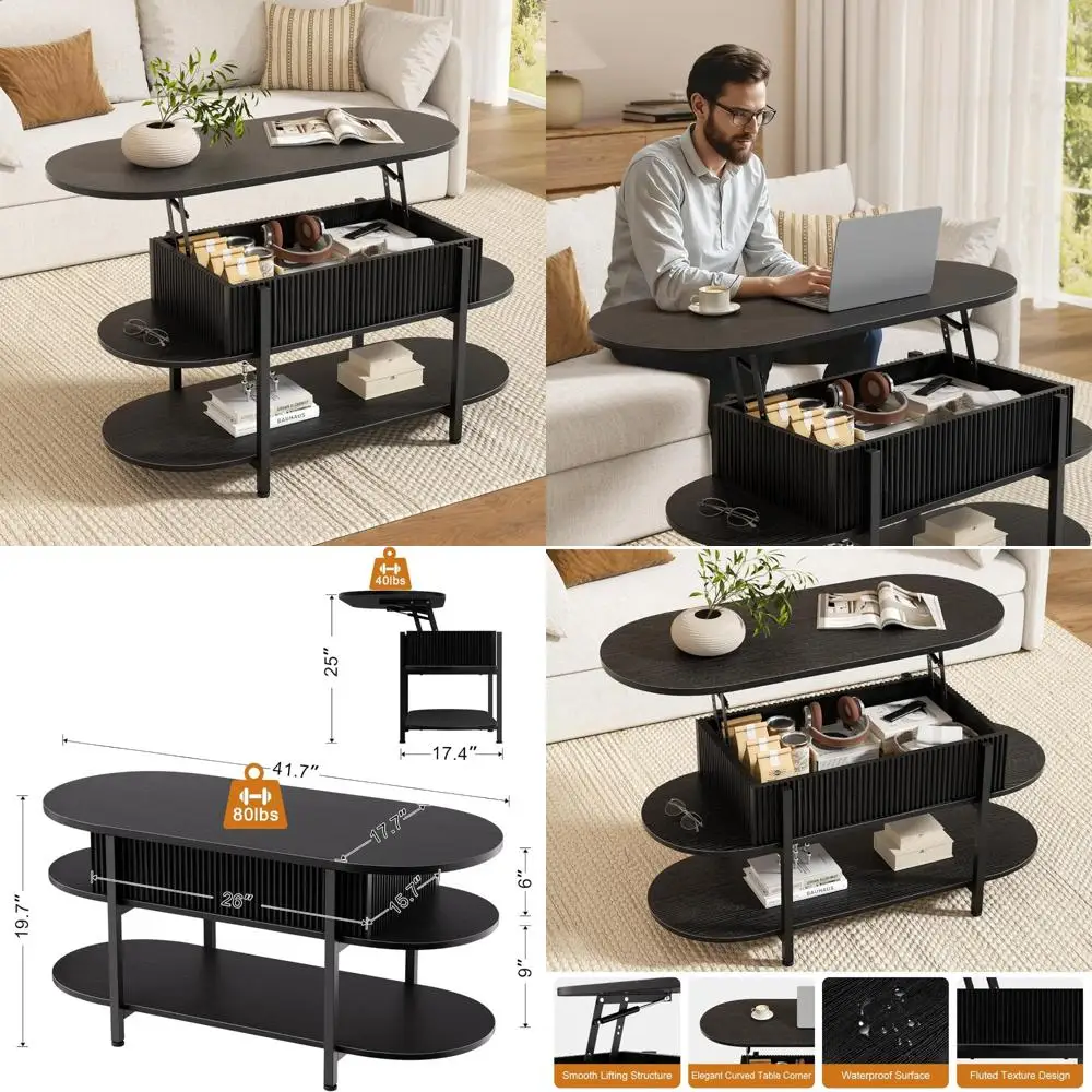 

Овальный журнальный столик с подъемным верхом и рифленым деревянным центром, скрытым хранилищем, 3-х уровневые небольшие столики, изогнутые края, современный дизайн