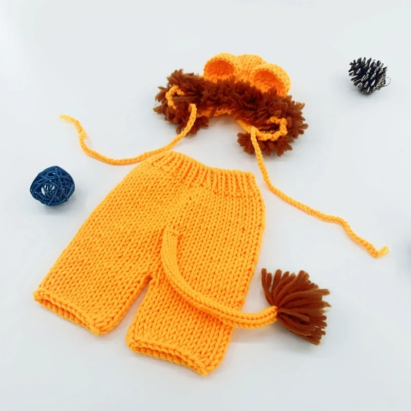 

Cartoon Animal Knitted Trousers Props with Adjustable Chin Strap Bonnet Hat Baby Costume Set for Newborns Photoshoots