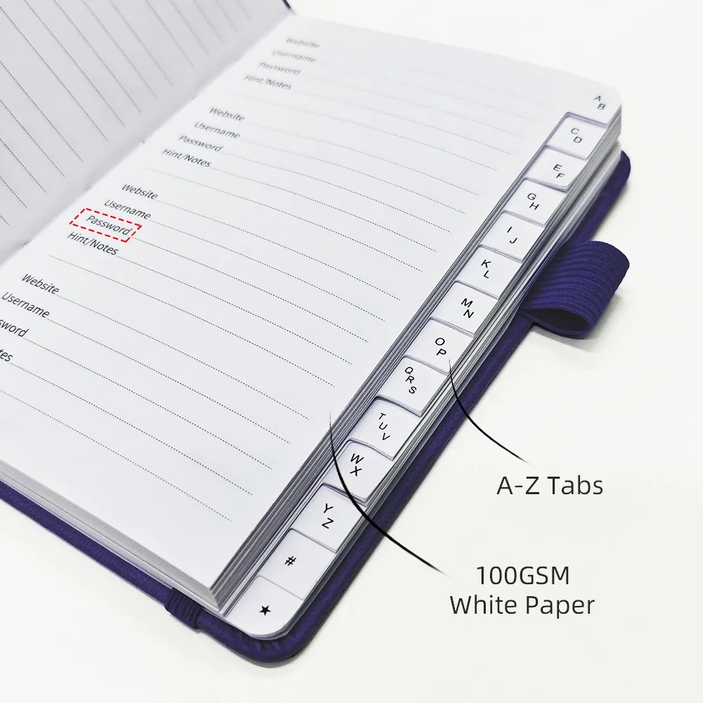 كتاب كلمة المرور مع علامات تبويب أبجدية، منظم عنوان الإنترنت، حافظة كلمة المرور لسجلات الموقع، حافظة الكتب