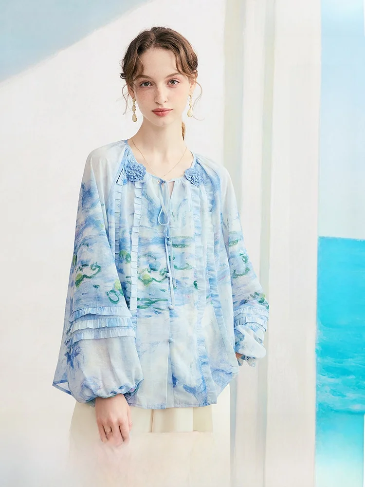 

Новая летняя свободная женская шифоновая блузка с бантом, 3D-цветочным принтом, милым длинным рукавом, круглым вырезом, из полиэстера