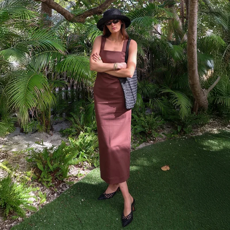 Vestido regata de linho respirável, gola quadrada, verão, casual, cor lisa, alça larga, moda feminina, sem costura, longo, maxi, novo