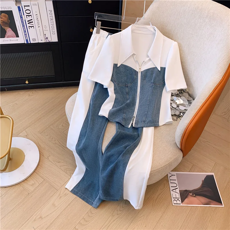 2024 Summer New Stitched Zipper T-shirt top Female Set Elegant Women\'s Jeans Casual Blouse Two Piece Set Ladies Tracksuits big