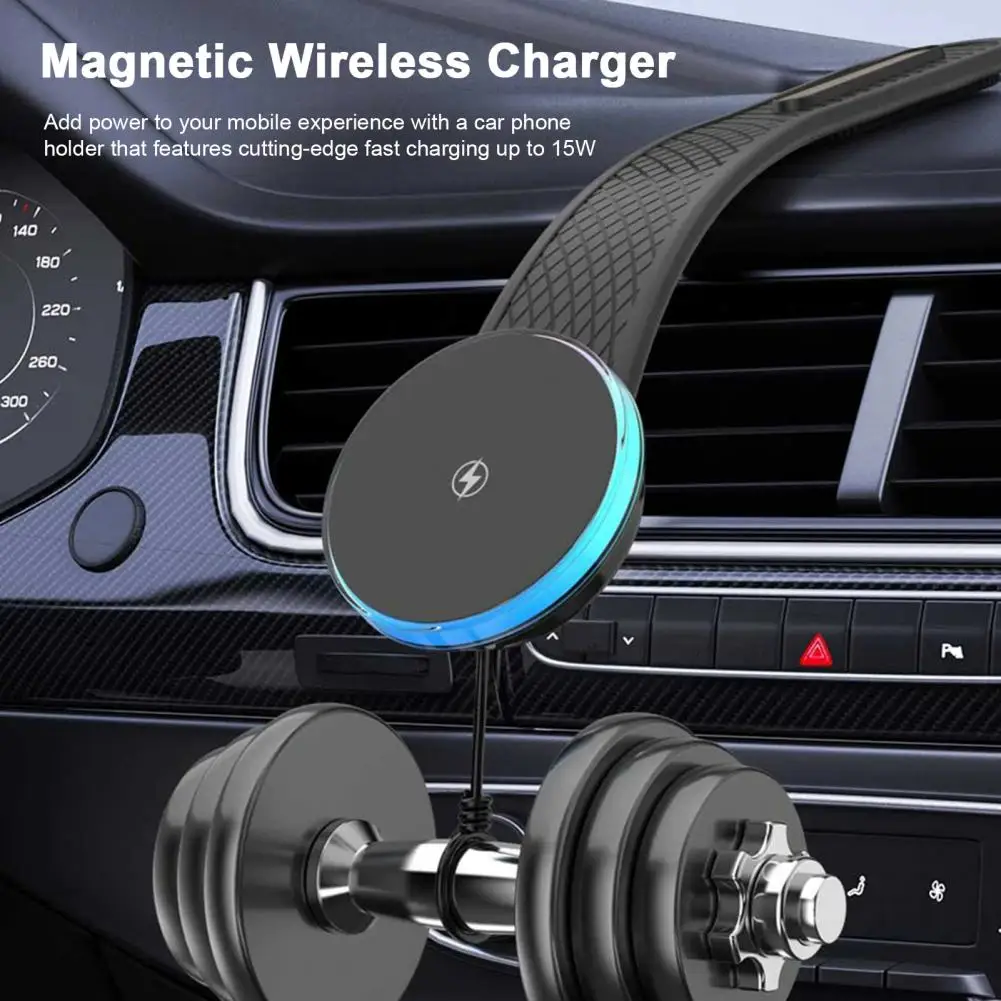 Magnetic Cell Phone Mount 15w Fast Charge Car Wireless Charger Phone Holder with Rgb Light Bendable Stand Magnetic for Iphone