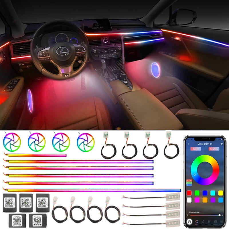 Colorful LED Car Acrylic Ambient Light Universal 64 RGB Auto Interior Rainbow Atmosphere Symphony App Control Lamp Strips 22 In1