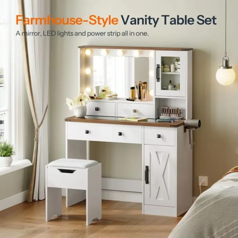 #c White Vanity Desk with Glass Mirror and Walnut Top, Makeup Table with Light and Charging Station, Dressing Table Set with Sto