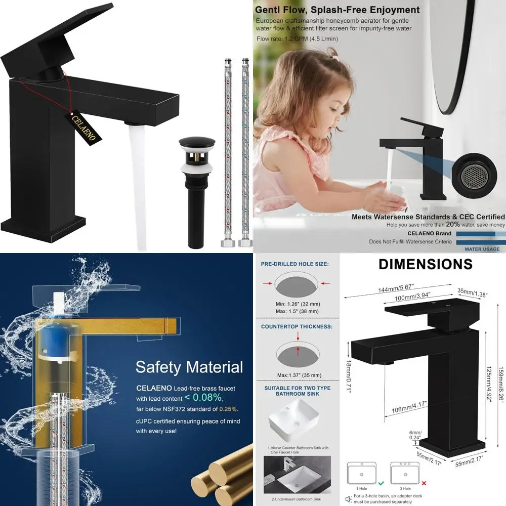 

Modern Lead-Free Square Bathroom Sink Faucet with Metal Pop-Up Drain, Luxury Matte Black Finish, Lavatory Sink Fixture