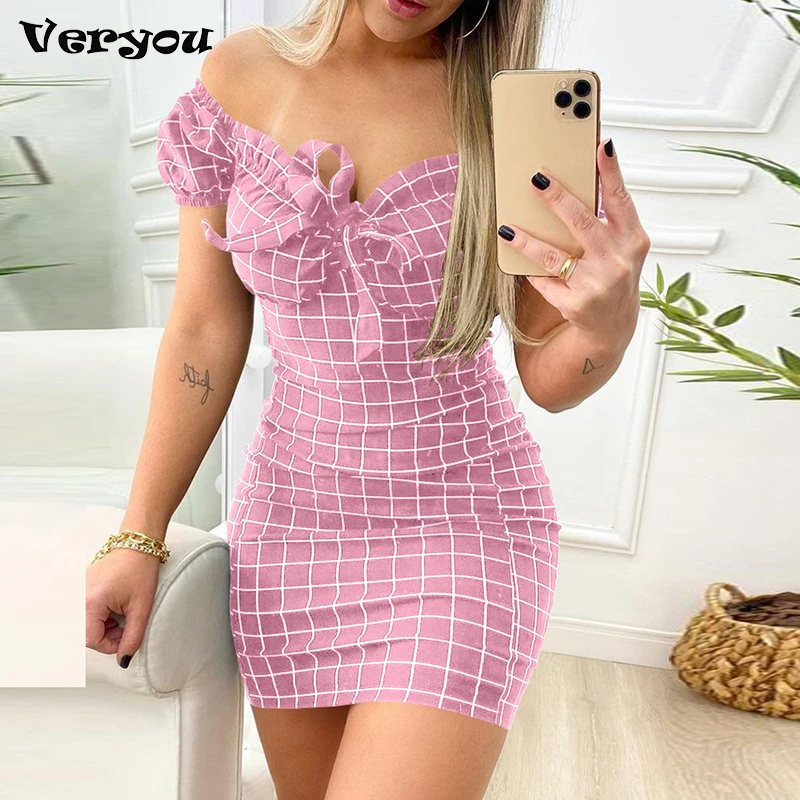 Vestido corto de manga corta para mujer, minivestido Sexy con hombros descubiertos, estampado a cuadros con lazo, elegante, Bodycon para fiesta, novedad de 2022