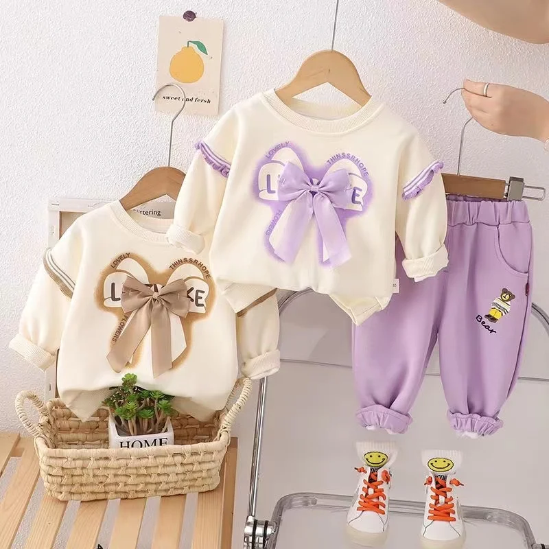 2024 New Girls Clothes Sets Spring Autumn Bow Hoodies+ Pants Outfits For Children Clothes Suits Sweet Kids Clothing 2 4 6 T2Pcs