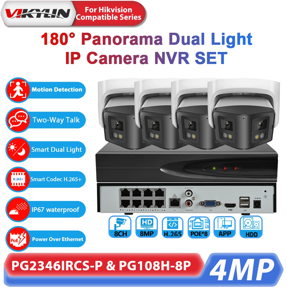 VIKYLIN 4MP 4mm Dual Lens 180 Panoramic IP Camera Two-way Audio Network Video Recorder Kit Motion Detection CCTV Security System