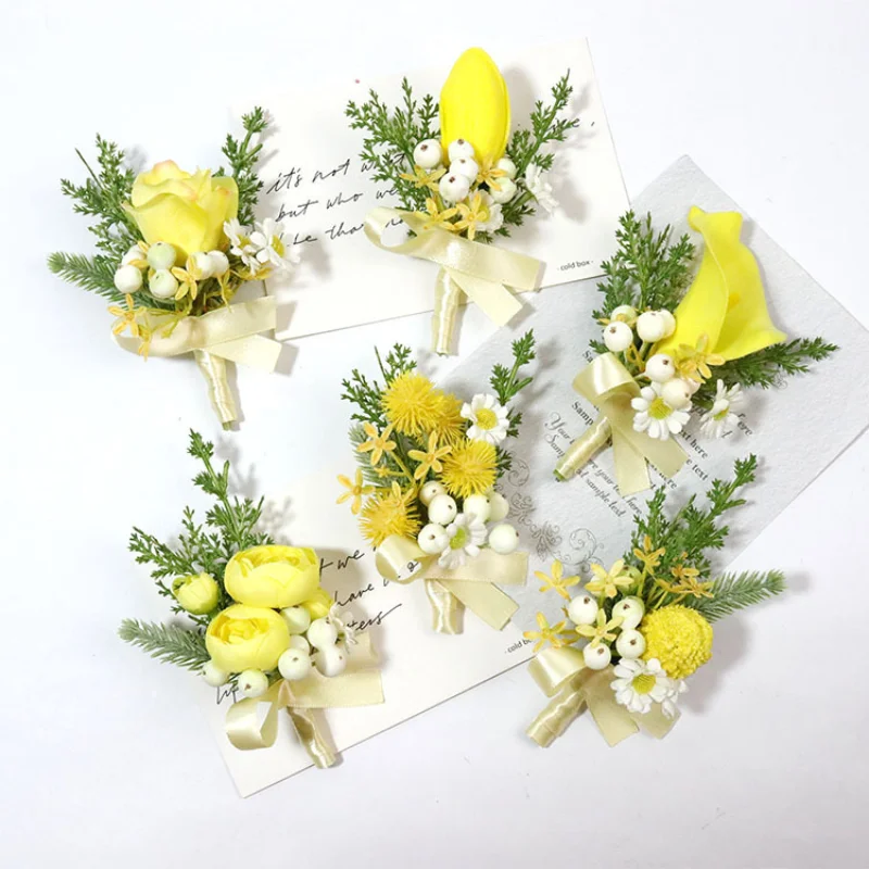 Yellow Boutonniere Corsage Flowers Wedding Accessories Bride Artifical Marriage Groom Buttonhole Rose Brooch Decor