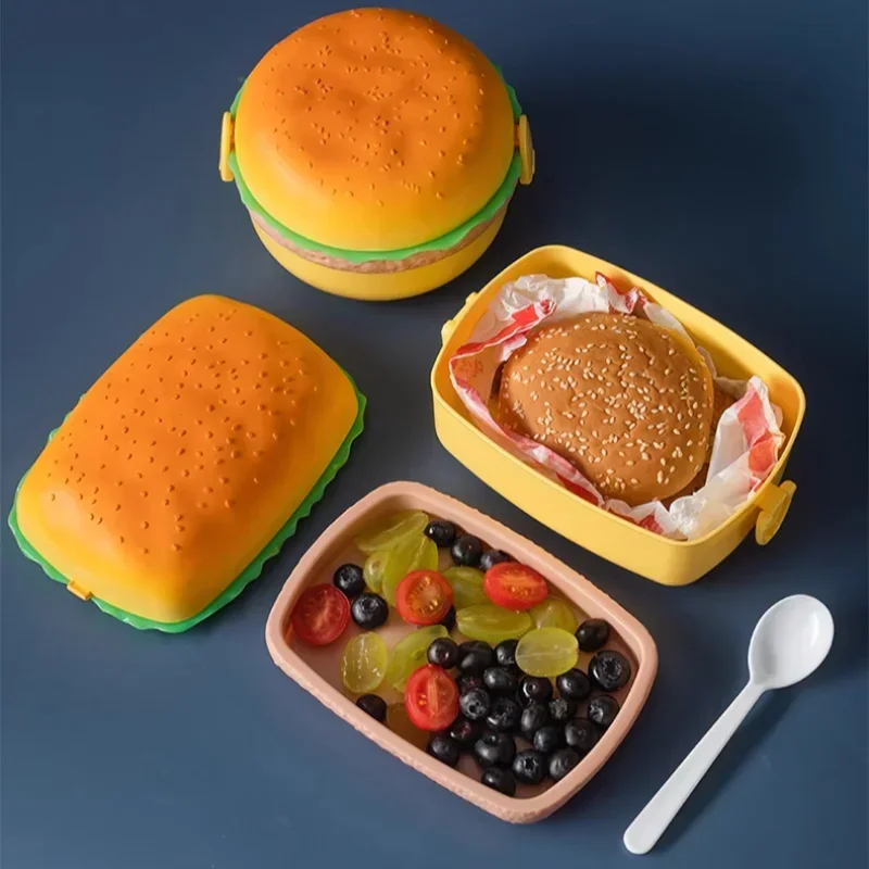 Hamburger Lunch Box Double Tier Cute Burger Bento Box Microwave Children School Meal Food Container Fork Tableware Set Gifts