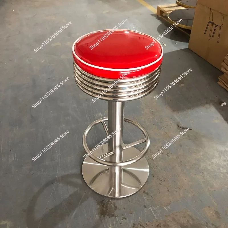 American retro red bar KTV bar counter stool, front desk round stool, commercial high legged chair, iron nail salon use