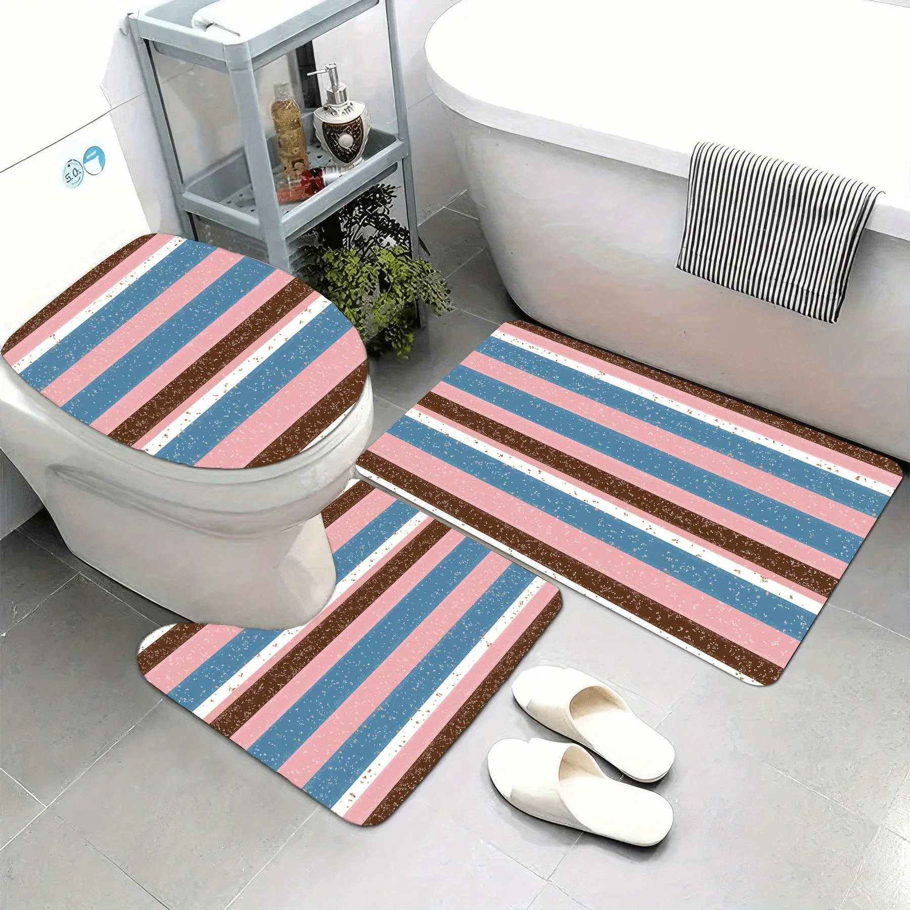 Beach Stripe Bath Mat Set for Bathroom Rug Toilet Runner Non-slip Absorbent Floor Mat Accessories Coastal Home Decor