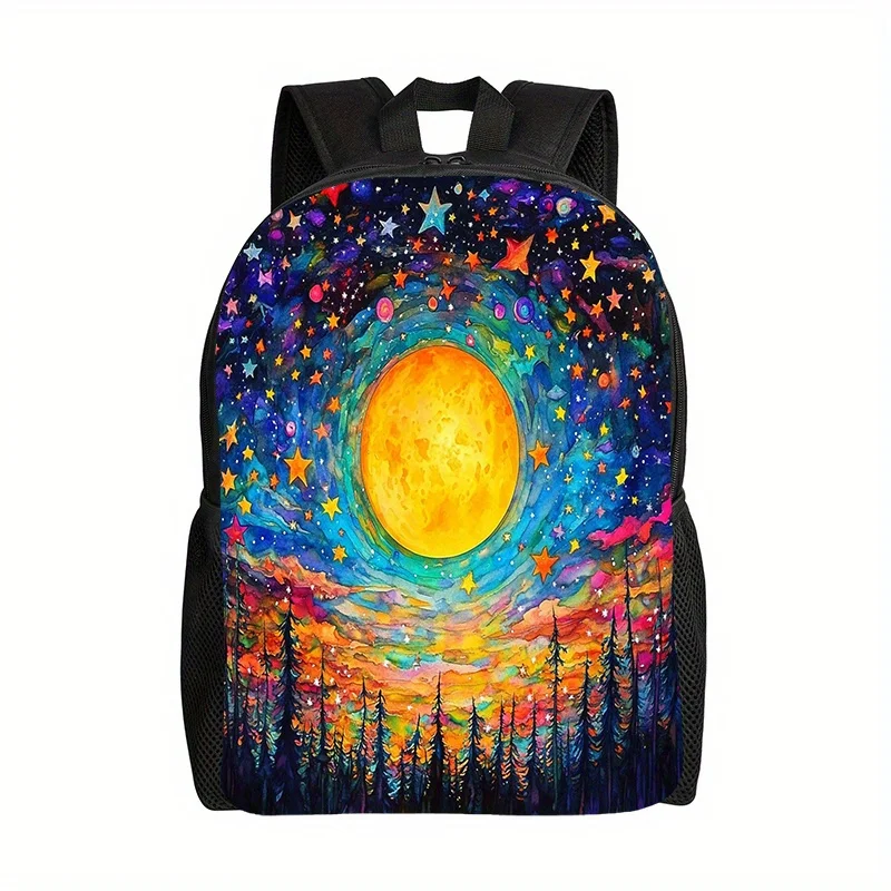 

1 Starry Night Backpack with Moon and Stars - Unisex School Bag, Adjustable Shoulder Strap, Zip Closure, Durable