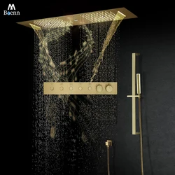 M Boenn 35*12 Inch Showers Bathroom Faucet Set Smart Thermostatic Concealed Mixer Rain Shower System Bar Shape Black Shower Head