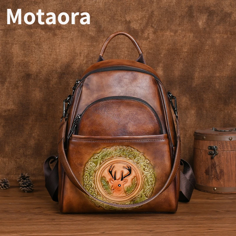 MOTAORA-mochila Retro de piel de vaca hecha a mano para mujer, bolso de hombro de cuero genuino 2024 Natural, bolsos de lujo de viaje con relieve