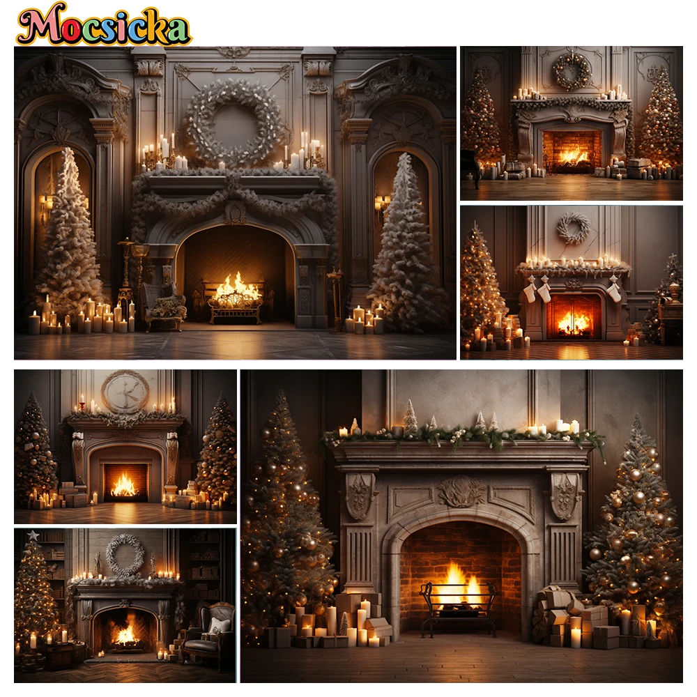 

Mocsicka Winter Christmas Christmas Photography Background Xmas Tree Warm Fireplace Holiday Party Home Photo Backdrops Studio