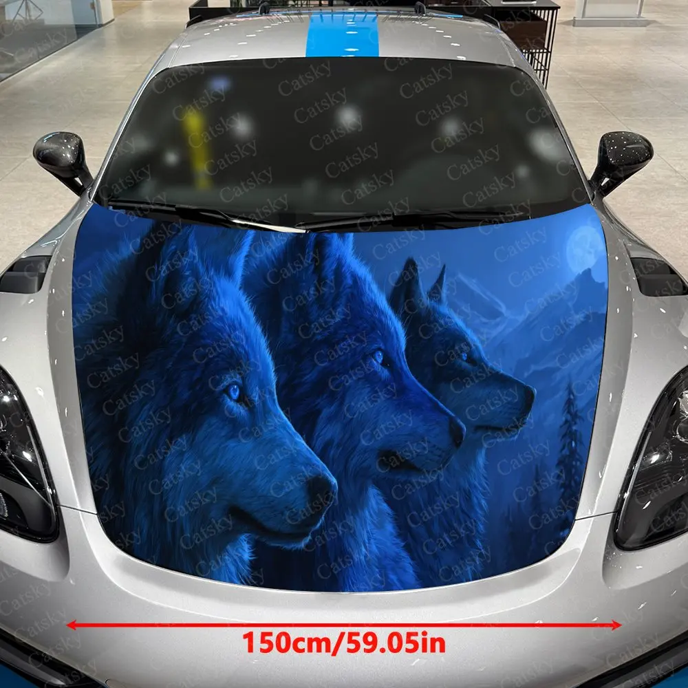 Blue Tone Wolf Moonlight Mountain Car Hood Sticker,Waterproof Self-Adhesive Vinyl Graphics Decal,Decor Auto Accessories Stickers