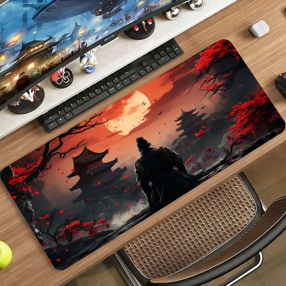 Large Size Mousepad Anime Lone Samurai Under Red Sunset Ancient Pavilion Forest Print Playmat For Laptop  Learning Table Mat
